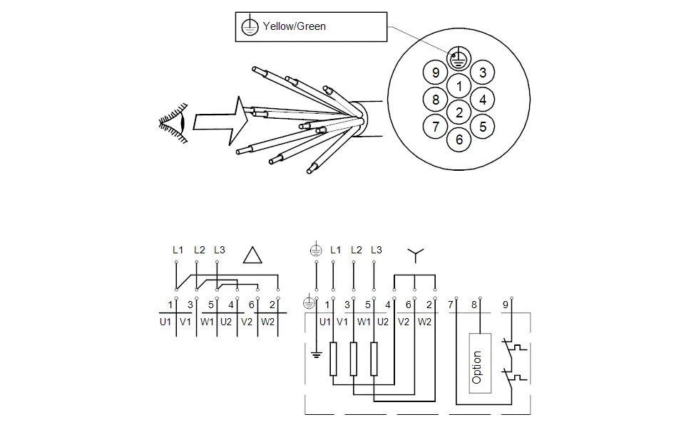 Diagramm einer Tauchmotorpumpe mit elektrischen Anschlussmöglichkeiten, bezeichnet mit Anschlussbelegungen und Schaltoptionen, von Grundfos.